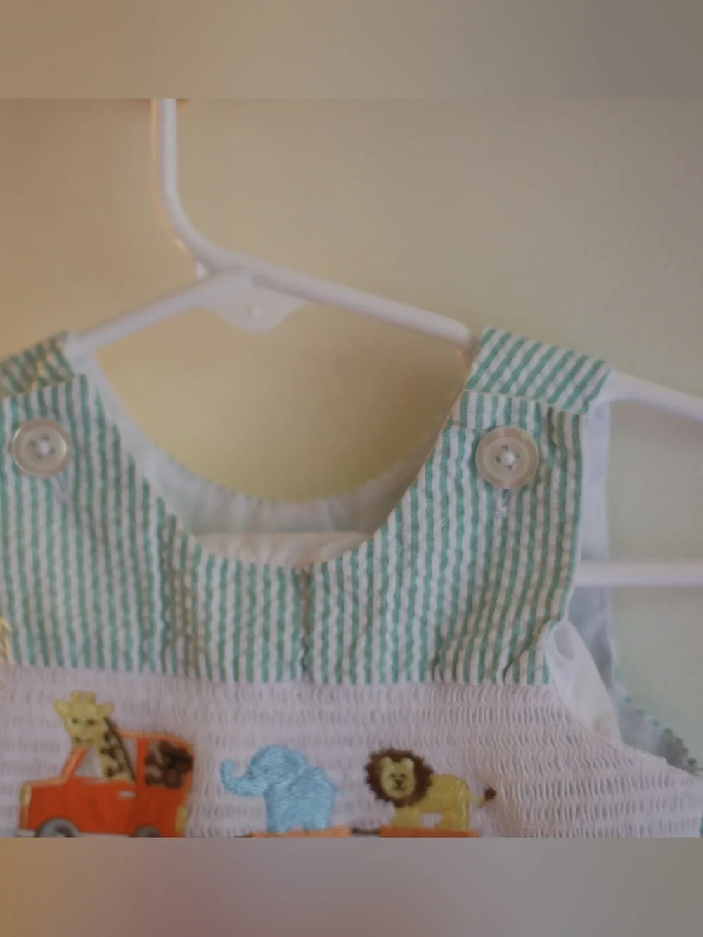 Baby Boy 3M Green Seersucker Smocked Jon Jon Romper Safari Animals Embroidered